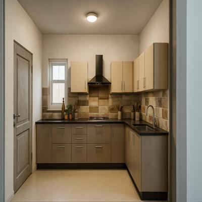 Contemporary Beige L Shaped Kitchen with Textured Tile Backsplash