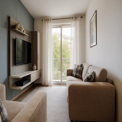 Compact Beige Living Room Design with TV Unit and Window Seating