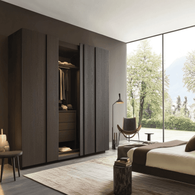 Modern Master Bedroom Design With Dark Wood Swing Wardrobe