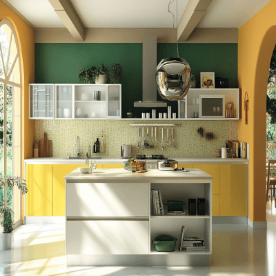 Classic Yellow And White Modular Island Kitchen Design With Sage Green Accent Wall
