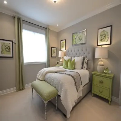 Contemporary All-Grey Master Bedroom Design With Light Green Side Tables
