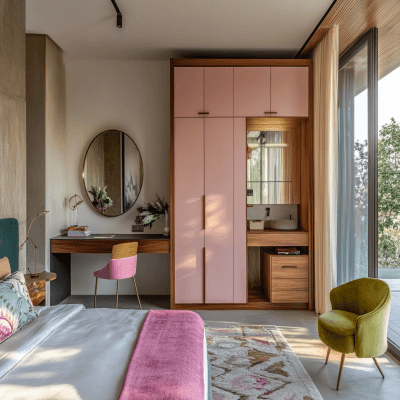 Contemporary Persian Pink Sliding Door Wardrobe With Mirror And Study Table
