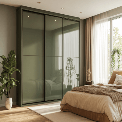 3-Door Sliding Desert Green Wardrobe Design in High Gloss Finish