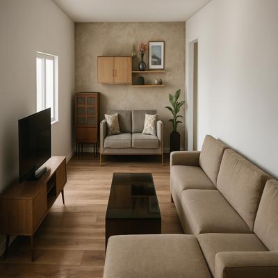 Medium Contemporary Beige Living Room Design with Wooden Furniture