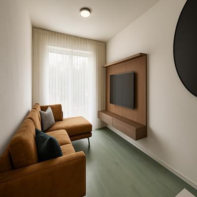 Compact Living Room Design with LShaped Sofa and Wooden TV Panel