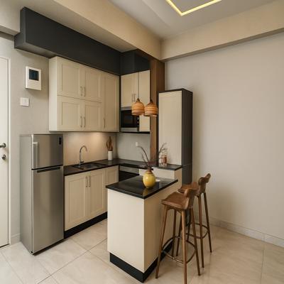 Medium Wooden Finish Modern L Shaped Modular Kitchen Design with Island Counter