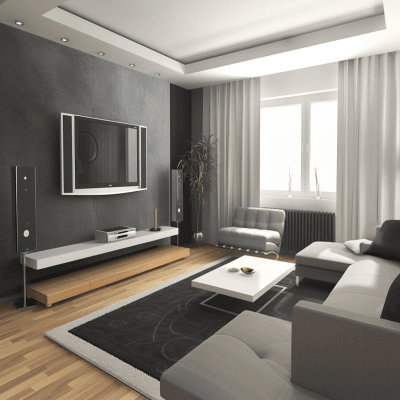 Contemporary Grey Living Room Design With White and Grey Accent Wall