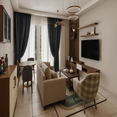 Compact Living Room Design with Dining Corner and Wooden TV Unit