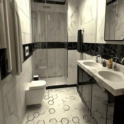 Contemporary Black And White Bathroom Tile Design With Hexagonal And Marble Wet-Dry Areas