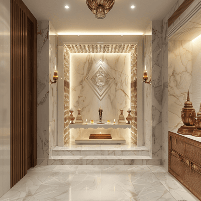 Modern Frosty White Floor-Mounted Pooja Room Design