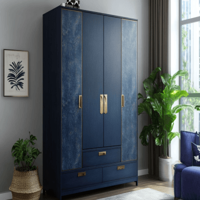 Mid-Century Modern 4-Door Swing Wardrobe Design in Blue