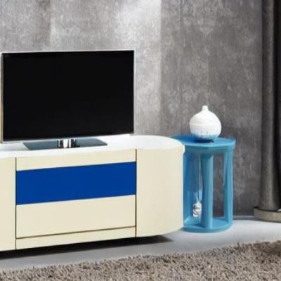 Modern TV Unit Design in Blue and Cream Laminate