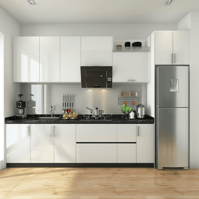 Minimal Modular Frosty White Straight Kitchen Design With Black Galaxy Granite Countertop