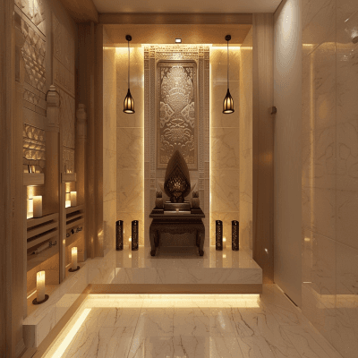 Contemporary Beige Pooja Room Design With Marble Wall Tile And Lights