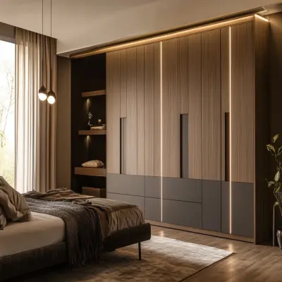 Modern 5-Door Light And Dark Wood Swing Wardrobe Design With Loft Storage