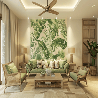 Tropical Living Room Design With Beige And Green Leafy Wallpaper