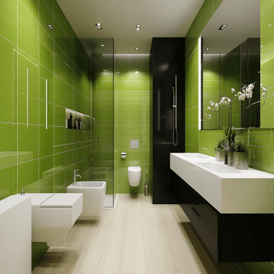 Contemporary Green-Black And White Bathroom Design With Wooden Storage