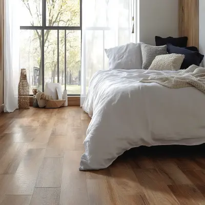 Modern Rectangular Bedroom Tile Design With Laminated Wood Finish