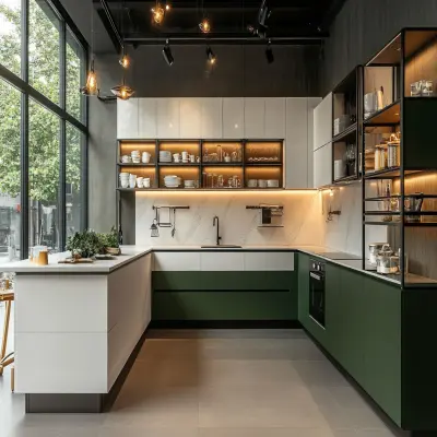 Contemporary White And Green U-Shaped Modular Regalia Kitchen Design