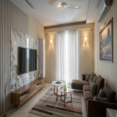 Medium Modern Beige Living Room Design with Marble TV Wall