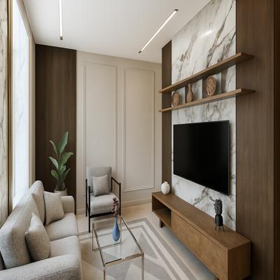 Medium Modern Neutral Living Room Design with Marble TV Wall