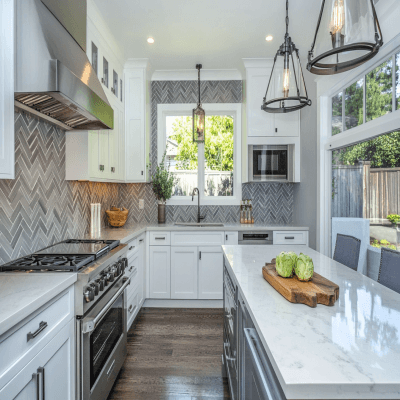 White Modular Modern Kitchen Design With Grey Chevron Kitchen Backsplash