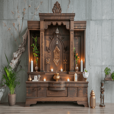 Minimal Walnut Bronze Mandir Unit Design With Drawer Storage