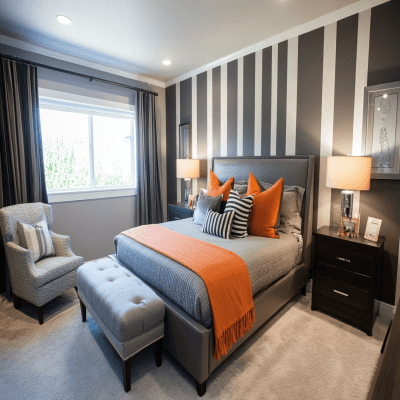 Modern Master Bedroom Design With Dark And Light Grey Striped Wall