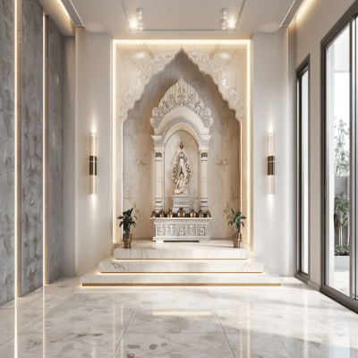 Modern Frosty White Wall-Mounted Mandir Design