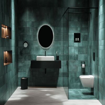 Contemporary Grid-Patterned Dark Green Ceramic Bathroom Tile Design