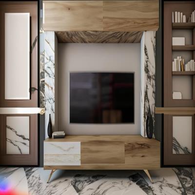 Rustic TV Unit Design in Wooden Laminate with Marble Flooring