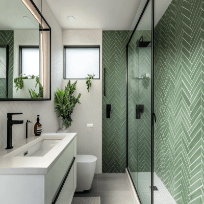 Contemporary Green And White Bathroom Tile Design With Herringbone And Geometric Tile Pattern