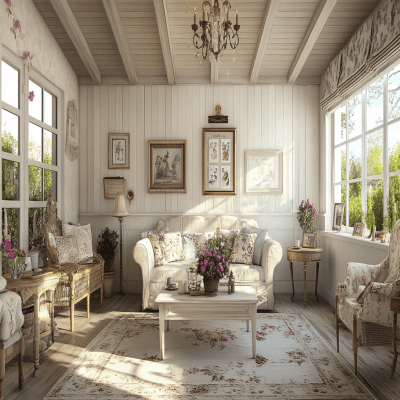 Shabby Chic Single-Layered Living Room Ceiling Design With Groove