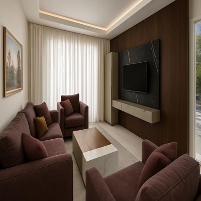 Warm Modern Living Room Design with Wooden TV Wall and Deep Seating