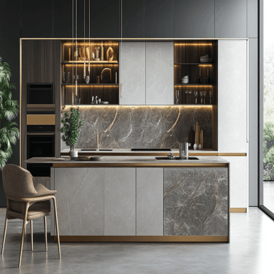 Minimal Silver Frost And Champagne Toned Modular Parallel Kitchen Design
