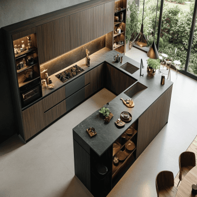 Contemporary Slate and Walnut U-Shaped Kitchen Design