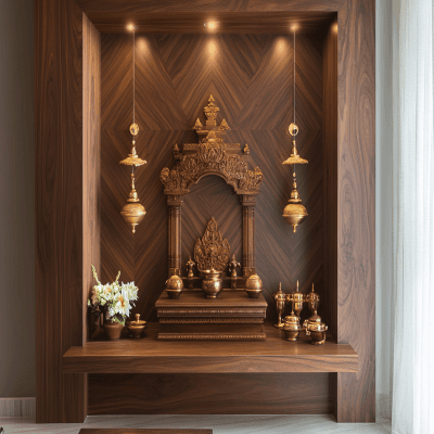 Modern Pooja Room Design in American Walnut with LED Lighting