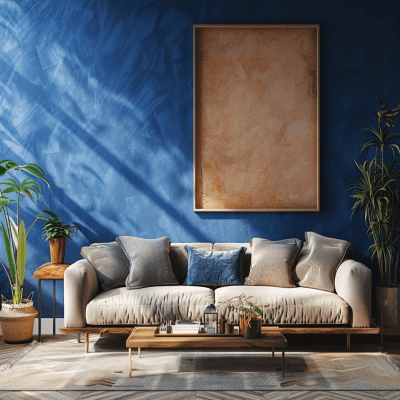 Mid-Century Modern Living Room Design With Blue Accent Wall And Grooves