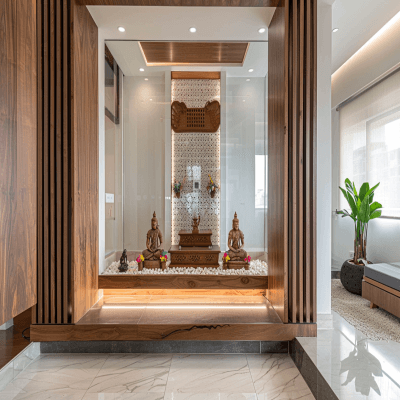 Minimal Wooden Pooja Unit Design With Mirrored Side Wall