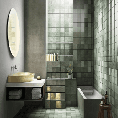 Contemporary Stepladder And Checkerboard Porcelain Bathroom Tile Design In Grey And Green