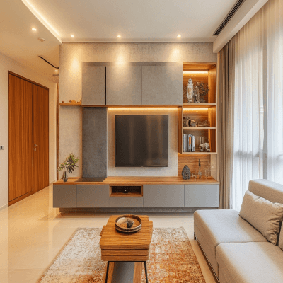 Modern Grey And Wood TV Unit Design With Closed And Open Storage