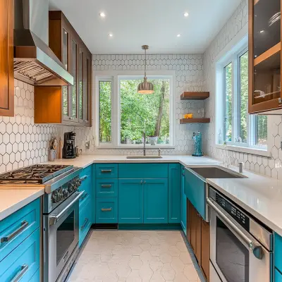 Contemporary Modular U-Shaped Teal Blue And Brown Regalia Kitchen Design With White Hexagonal Dado Tiles