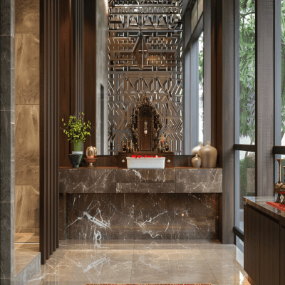 Contemporary Pooja Unit Design With A Marble And A Glass Countertop