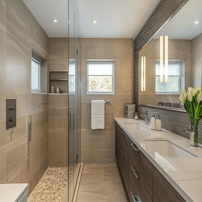 Compact Modern Bathroom Design With Glass Partition and Vanity Unit