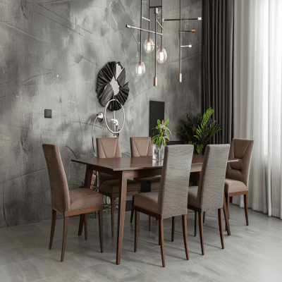 Modern 6-Seater Brown Dining Room Design With Grey Textured Wall