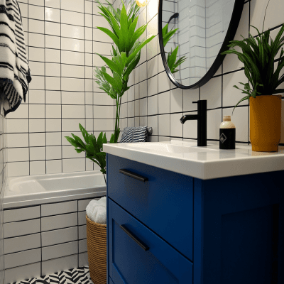 Modern Black And White Bathroom Design With Blue Vanity Unit