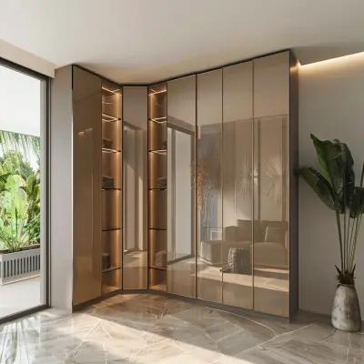 5-door Modern Swing L-Shaped Wardrobe Design With Champagne-Toned And Glass Shutters