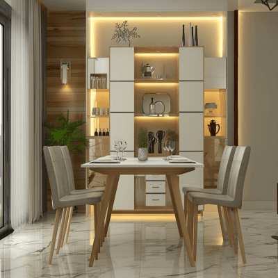Contemporary 6-Seater White And Beige Dining Room Design with Crockery Unit