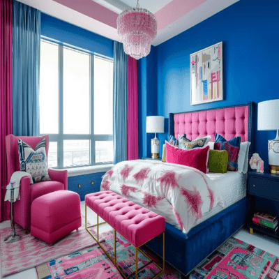 Contemporary Blue And Pink Master Bedroom Design With Pink Seater