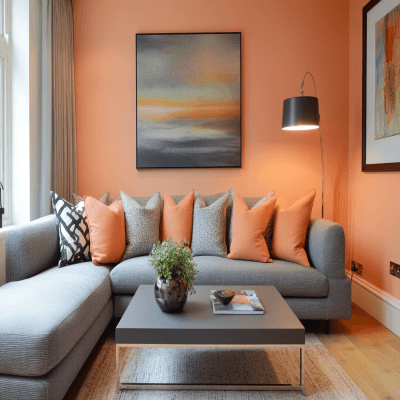Contemporary Peach Living Room Design With L-Shaped 4-Seater Grey Sofa